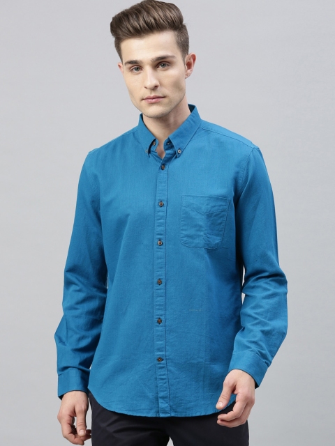 RARE RABBIT Men Blue Tailored Fit Solid Linen Casual Shirt
