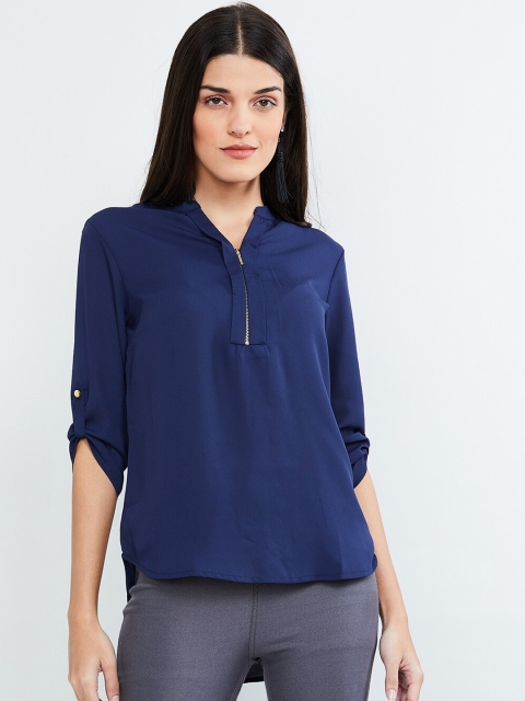 max Women Navy Blue Solid Shirt Style Top
