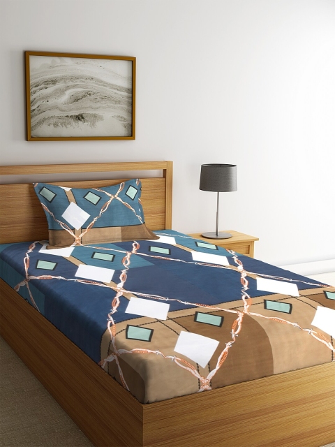 NEUDIS Olive Green & Blue 180 TC Polycotton 1 Single Bedsheet with 1 Pillow Cover