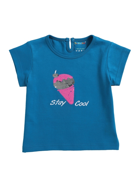 BUMZEE Girls Teal Blue Flip Sequin Solid Round Neck T-shirt