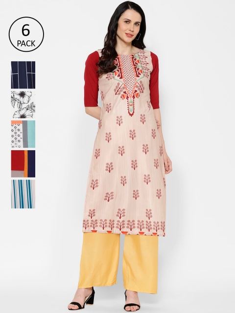 7Threads Women Multicoloured Pack of 6 Printed Straight Kurta, Multi