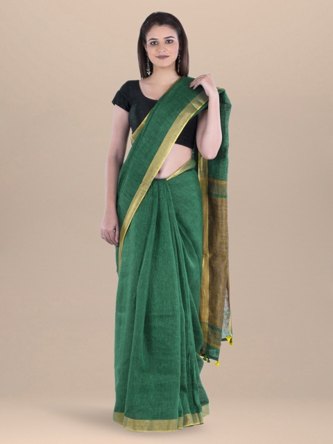 BharatSthali Green Solid Handloom Bhagalpuri Saree