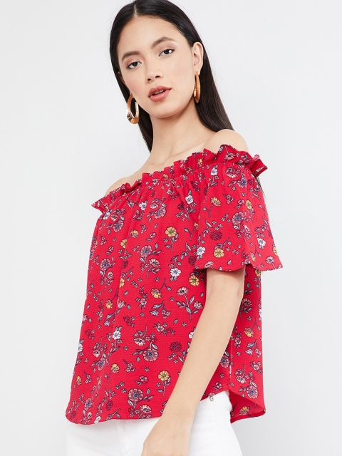 max Women Coral Pink & Blue Floral Printed Bardot Top