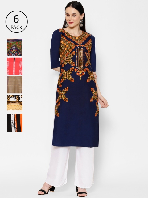 7Threads Women Pack of 6 Multicoloured Printed Straight Kurtas, Multi