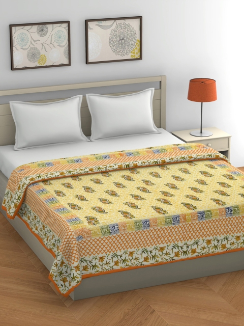 Gulaab Jaipur Orange & Yellow Floral Mild Winter 450 GSM Double Bed Quilt
