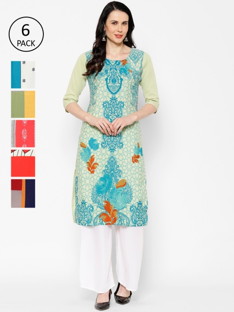 7Threads Women Pack of 6 Multicoloured Printed Straight Kurtas, Multi