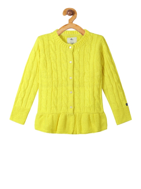 Cherry Crumble Girls Yellow Self Design Cardigan