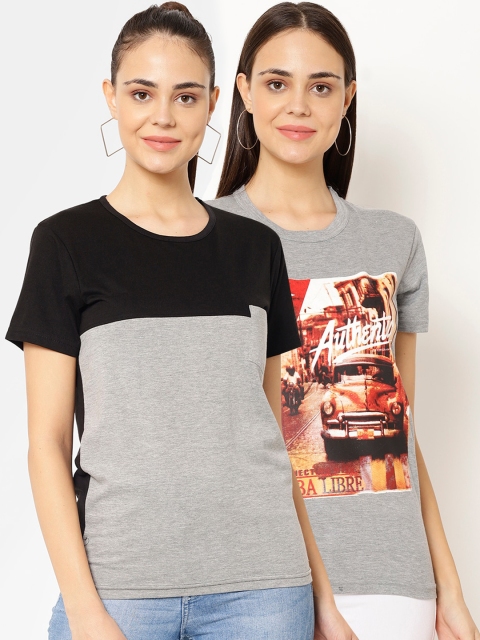 VIMAL JONNEY Women Pack of 2 Printed T-shirts, Grey