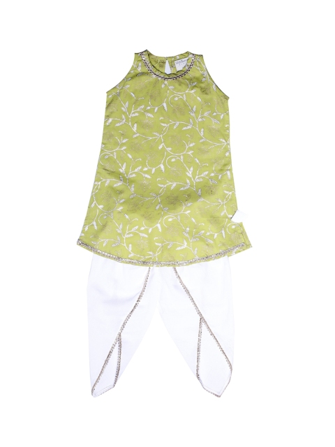 Silai Bunai Girls Green & White Floral Print Kurta with Dhoti Pants