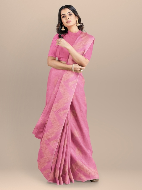 BharatSthali Pink & Gold-Coloured Woven Design Bengali Silk Cotton Saree