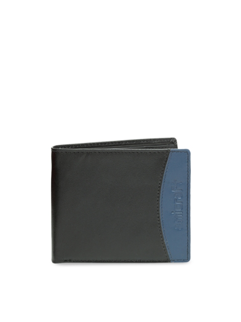 amicraft Men Black & Teal Blue Colourblocked Two Fold Genuine Leather Wallet