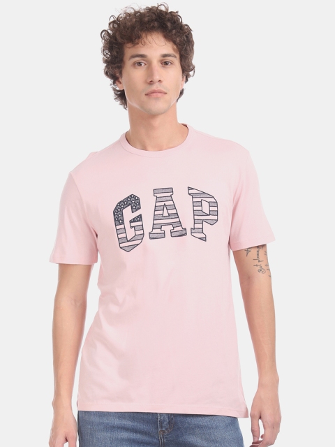 GAP Men Pink & Navy Embroidered Round Neck T-shirt