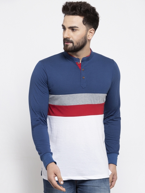 Kalt Men Blue & White Colourblocked Mandarin Collar T-shirt