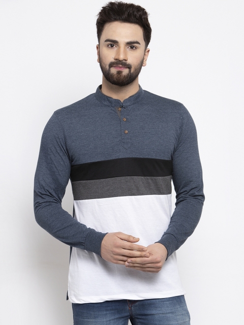Kalt Men Blue & White Colourblocked Mandarin Collar T-shirt