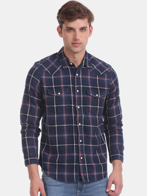 GAP Men Navy Blue & Maroon Checked Slim Fit Casual Shirt