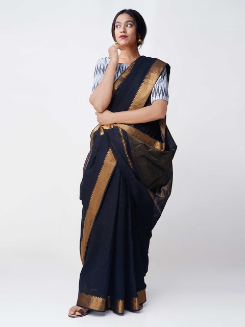 Unnati Silks Navy Blue & Golden Woven Design Mangalagiri Saree
