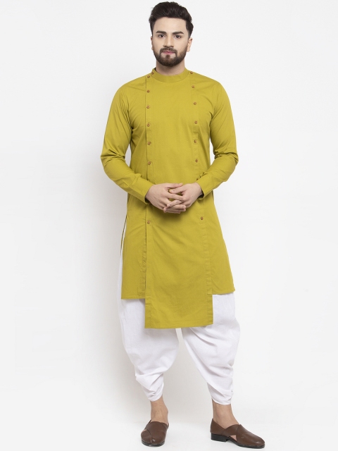 Zotw Men Olive Green Solid Asymmetric Hemline Straight Kurta