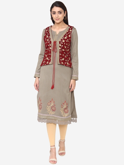 Laabha Women Grey & Red Solid Wool Straight Kurta