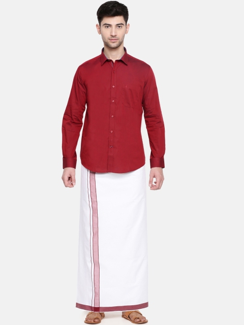 RAMRAJ COTTON Men Maroon & White Solid Shirt with Dhoti