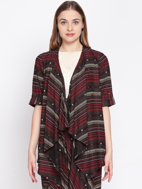 AKKRITI BY PANTALOONS Women Black & Maroon Printed Waterfall Shrug