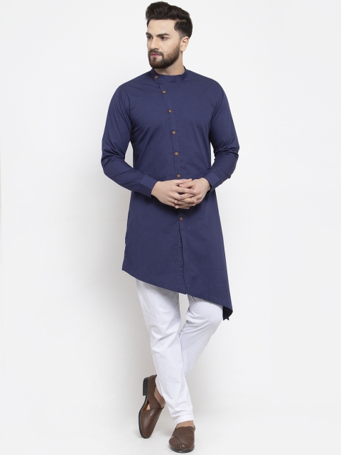 Zotw Men Navy Blue Solid Asymmetric Hemline Straight Kurta