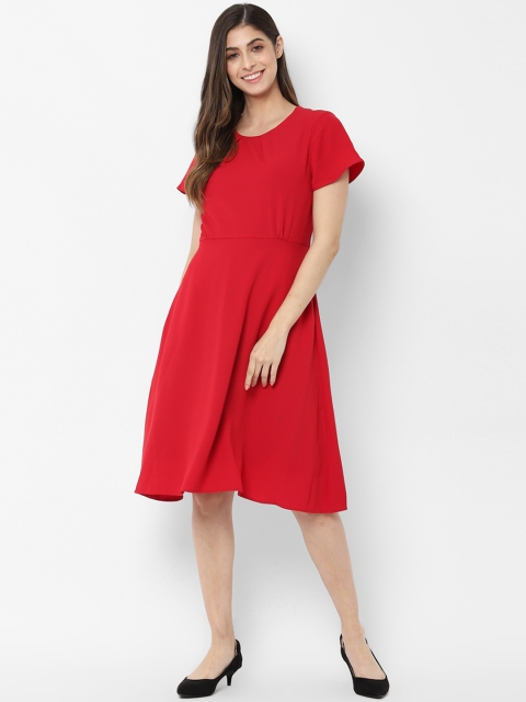 Allen Solly Woman Red Solid Fit and Flare Dress