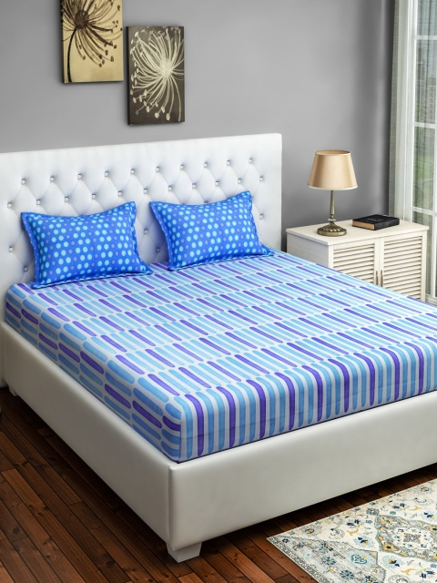 SWAYAM Blue Abstract 144 TC Cotton 1 Queen Bedsheet with 2 Pillow Covers
