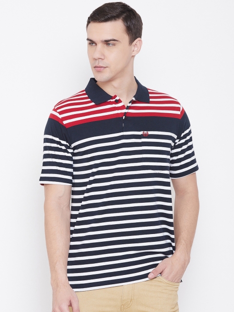 NEVA Men Navy Blue & White Striped Polo Collar T-shirt