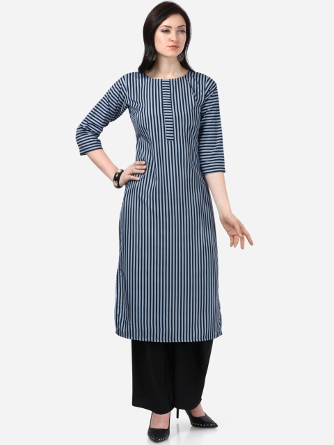 Florence Women Blue Striped Straight Kurta