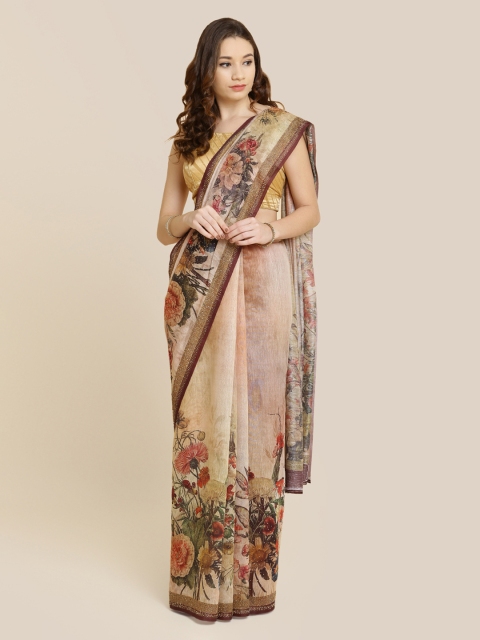 Koskii Beige & Green Tissue Printed Saree