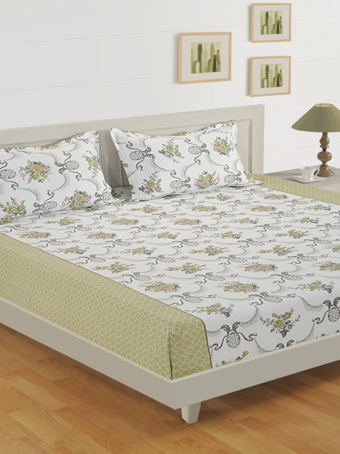 SWAYAM Off-White & Green Floral 200 TC Cotton 1 Queen Bedsheet with 2 Pillow Covers