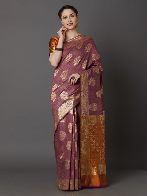 Mitera Brown & Gold-Toned Silk Blend Woven Design Kanjeevaram Saree