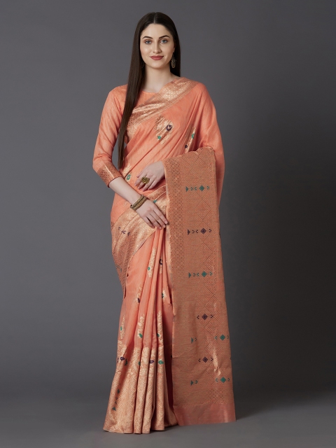 Mitera Orange Silk Blend Woven Design Kanjeevaram Saree