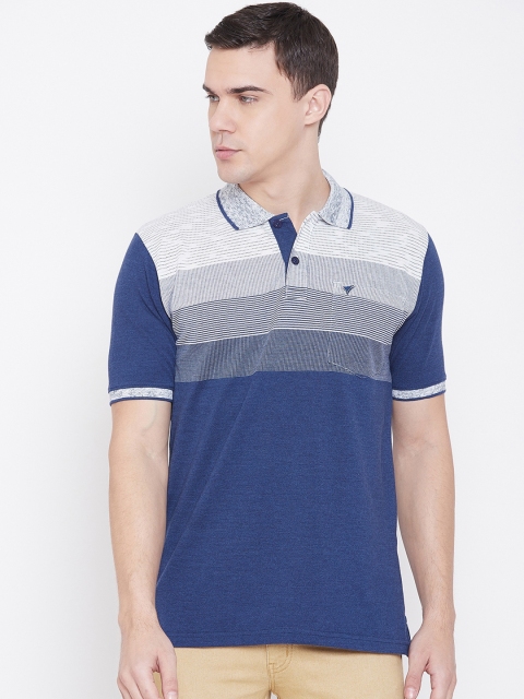 NEVA Men Blue & Off-White Striped Polo Collar T-shirt