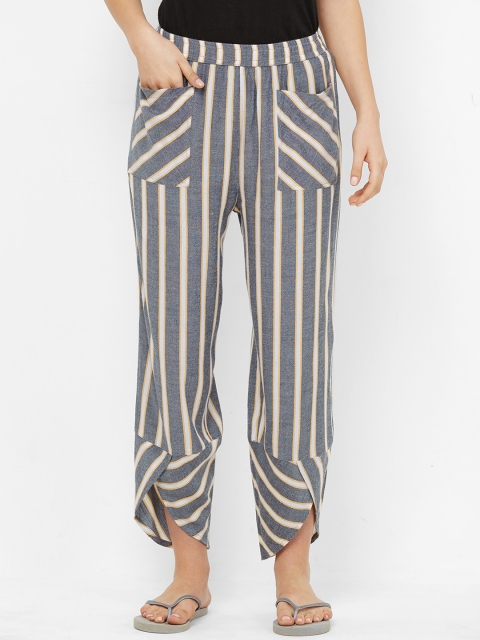 Mystere Paris Women Charcoal Grey & White Striped Lounge Pants