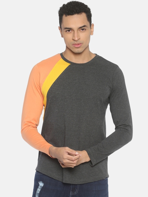 IMPACKT Men Charcoal Grey & Orange Solid Round Neck T-shirt