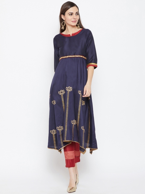studio rasa Women Navy Blue & Red Embroidered Kurta with Trousers