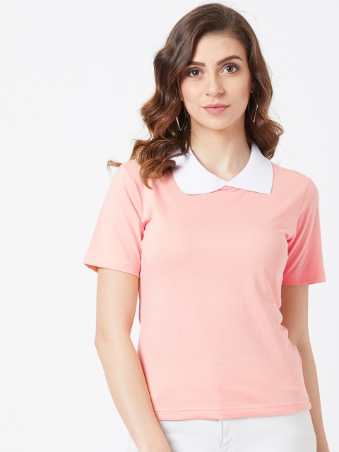 The Dry State Women Peach-Coloured Solid Polo Collar T-shirt