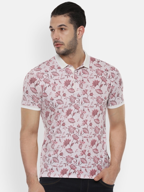 V Dot Men Pink & Off-White Printed Polo Collar T-shirt