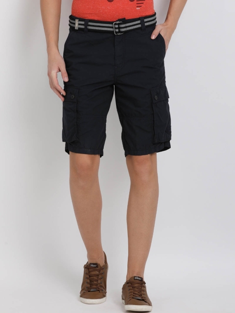t-base Men Navy Blue Solid Regular Fit Cargo Shorts