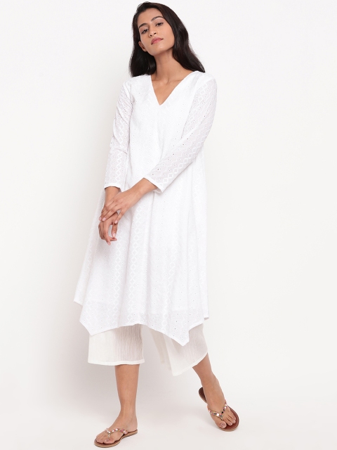 trueBrowns Women White Embroidered Asymmetric A-Line Kurta