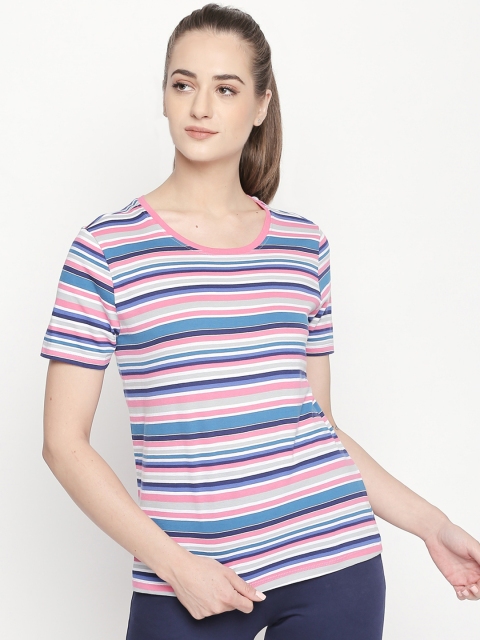 Ajile by Pantaloons Women Pink Blue Striped Round Neck Pure Cotton T-shirt