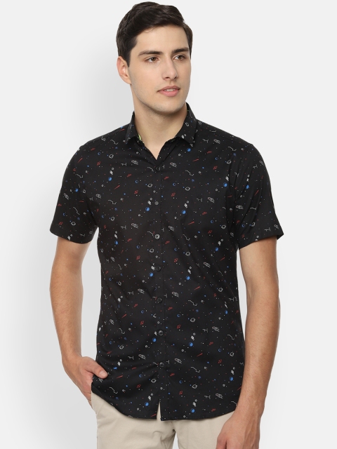 V Dot Men Black Skinny Fit Printed Casual Shirt