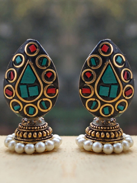 Anetra Black & Red Handcrafted Leaf Shaped Jhumkas