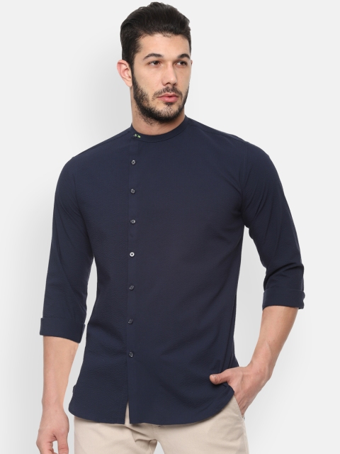 V Dot Men Navy Blue Slim Fit Solid Casual Shirt