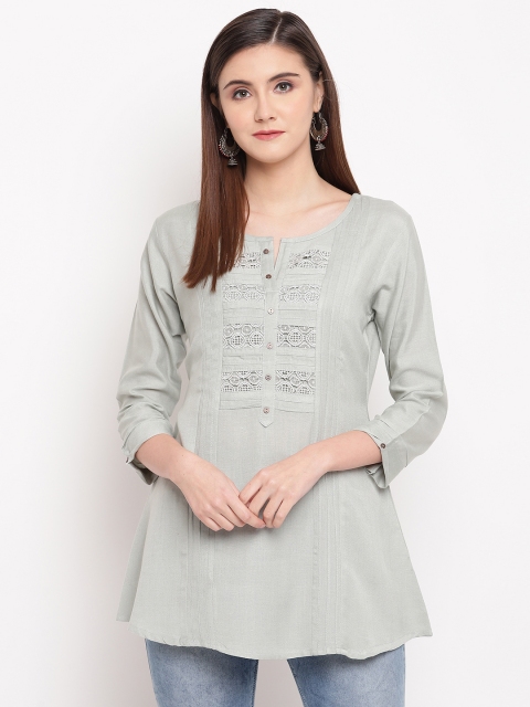 Kvsfab Women Grey Woven Design Straight Kurti
