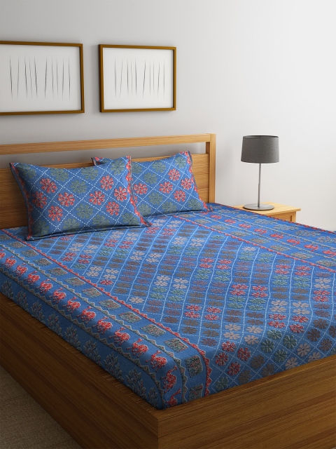 Rajasthan Decor Blue & Red Floral 144 TC Cotton 1 King Bedsheet with 2 Pillow Covers