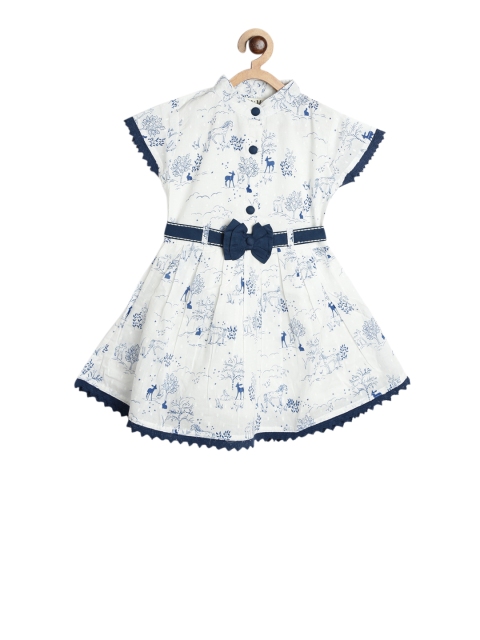 Bella Moda Girls White & Blue Printed Fit and Flare Dress