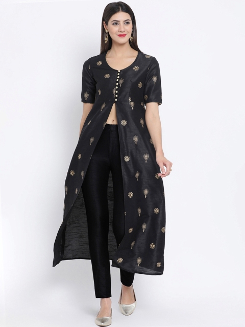 studio rasa Women Black & Golden Block Printed A-Line Kurta