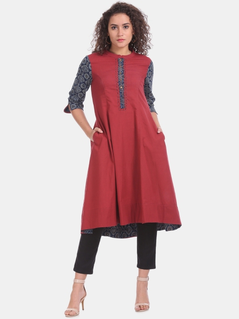 Anahi Women Maroon & Navy Blue Solid A-Line Kurta
